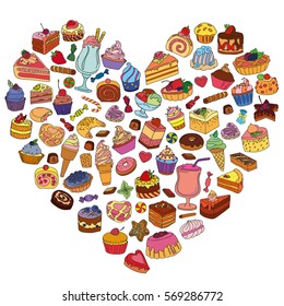 Vector set of different sweets in the shape of heart. Background with sweets. Sweets icon. Sweets logo. 