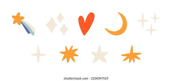 Vector is a set of different symbols - stars, heart, moon. Simple minimalistic elements isolated on a white background.