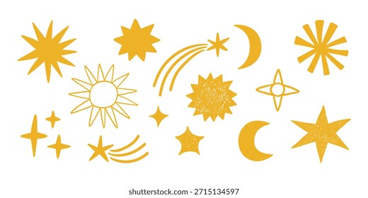 Vektorsatz verschiedener Symbole - Sterne, Kometen, Mond. Einfache minimalistische Elemente einzeln auf weißem Hintergrund. Einfache Doodle Skizze Stil, Kritzeln.