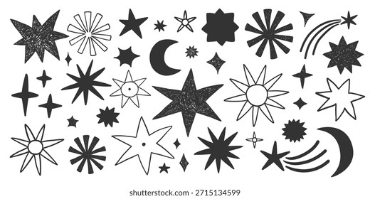 Vektorsatz verschiedener Symbole - Sterne, Kometen, Mond. Einfache minimalistische Elemente einzeln auf weißem Hintergrund, monochrom, schwarz-weiß. Einfache Doodle-Skizze, Kritzeln, Raum.
