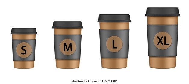 Vector set of different take away hot and cold beverage sizes. Paper cup size chart: small, medium, large, extra large. Coffee to go. Take away. Bar menu