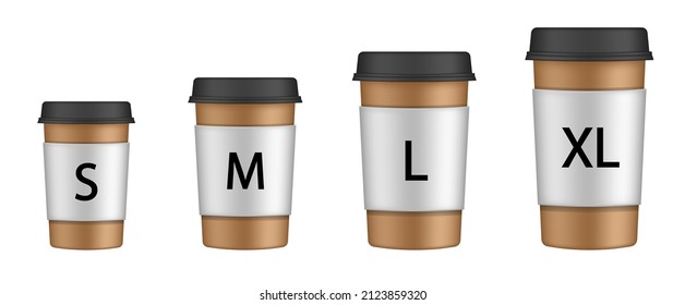 Vector set of different take away hot and cold beverage sizes. Paper cup size chart: small, medium, large, extra large. Coffee to go. Take away. Bar menu