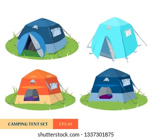 Vector set of different tents from different point of view. Camping tents on glade.