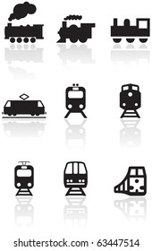 Vector set of different train illustrations or symbols. All vector objects are isolated. Colors and transparent background color are easy to adjust.