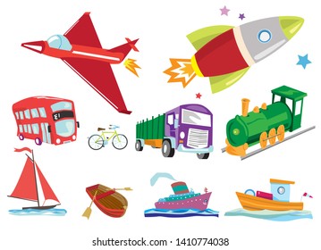 Vector set of different transportation vehicles isolated on white background. Urban transport icons in flat style design. Airplanes, Rocket, ship, truck, rain, bus, bicycle, boat, yacht, canoe