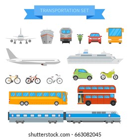 Vector set of different transportation vehicles isolated on white background. Urban transport icons in flat style design. City cars, air plane, ship, train, bus, bicycle.