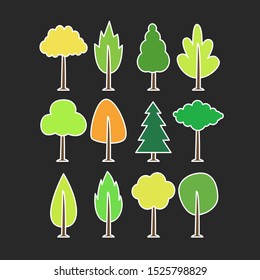 vector set of different trees of different colors isolated on a black background.