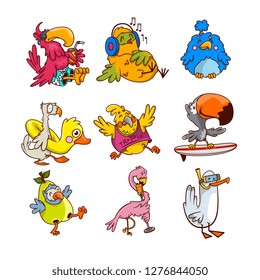 Vector set of different tropical birds in different actions. Exotic humanized creatures. Funny cartoon characters