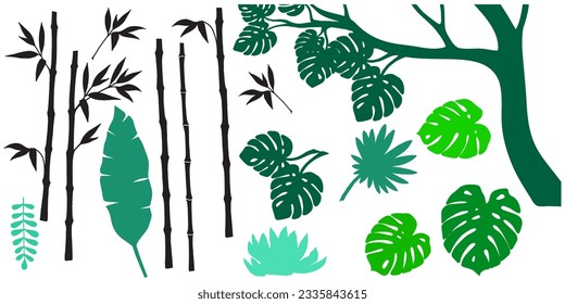 Vector set of different tropical plants, leaves and flower. Summer exotic elements for invitations, posters, backgrounds