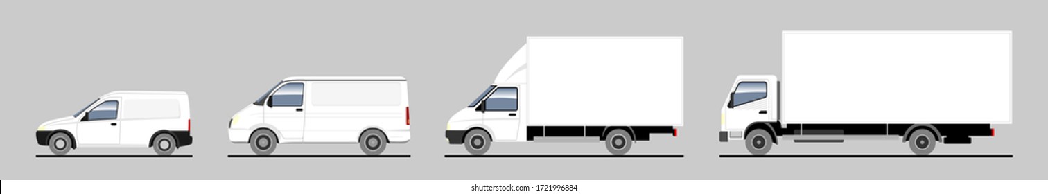 Vector set of different trucks, lorry, van. White blank template truck for advertising; mockup. Freight transportation. Modern flat vector illustration.