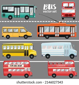 Vector set of different types of buses, city and public transport.