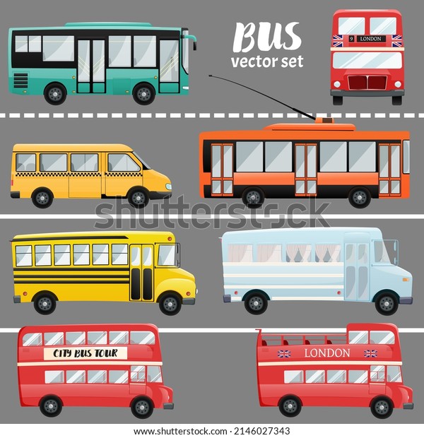 Vector set of different types of buses, city\
and public transport.