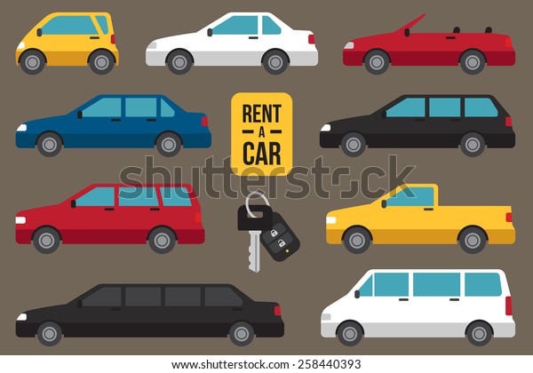 Vector set of different types of cars for rent with\
car key.