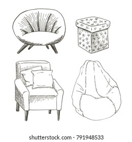 A vector set of different types of the chairs and padded stools isolated on a white background