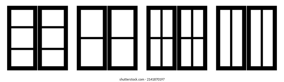 Vector set of different types of classical windows black silhouettes, isolated on white background.