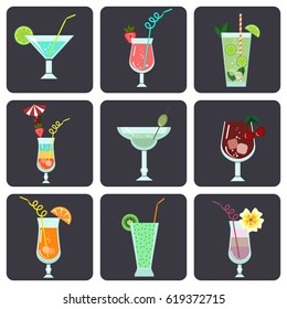 Vector set with different types of cocktails in flat style