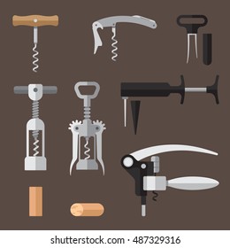 Vector set of different types of corkscrews (basic, sommelier knife, wing, twin prong puller, pump action, lever). Flat style.