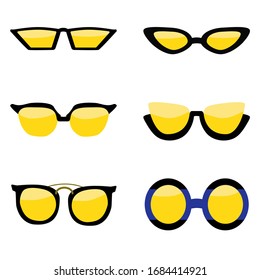 Vector set of different types of fashionable stylish sunglasses. Fashion accessories. Isolated objects.