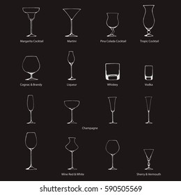 vector set with different types of hand drawn alcohol glasses
