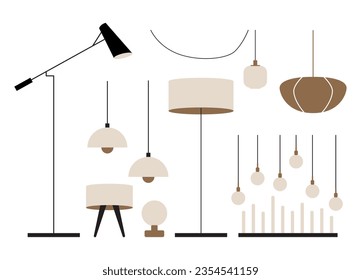 Vector set of different types of indoor lighting: pendant, ceiling light, spotlight, wall light, table shade lamps, reading lamp and floor lamp. Flat style illustration isolated on white background