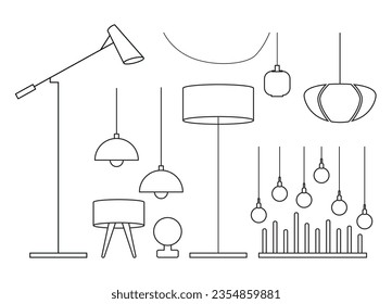 Vector set of different types of indoor lighting pendant, ceiling light, spotlight, wall light, table shade lamps, reading lamp and floor lamp. Outline style illustration isolated on white background