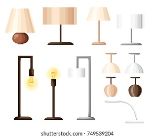 Vector set of different types of indoor lighting: pendant, ceiling light, spotlight, wall light, table shade lamps, reading lamp and floor lamp. Flat style Web site page and mobile app design.
