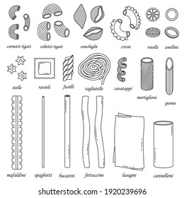 The vector set of different types of italian pasta. Line art and simple style