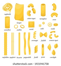 The vector set of different types of italian pasta.