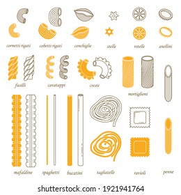The vector set of different types of italian pasta. Line art and simple style