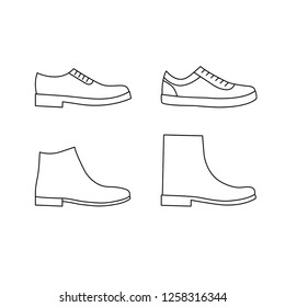 Vector set of different types of outline men shoes. Outline men shoes icons.
