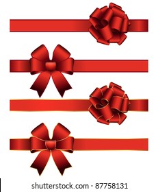 Vector set of different types of red satin ribbons with bows and two types of stroke