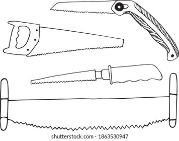 Vector set of different types of saw. Simple Doodle-style graphics. Hand drawn