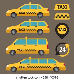 Vector set of different types of taxi cars and taxi signs.