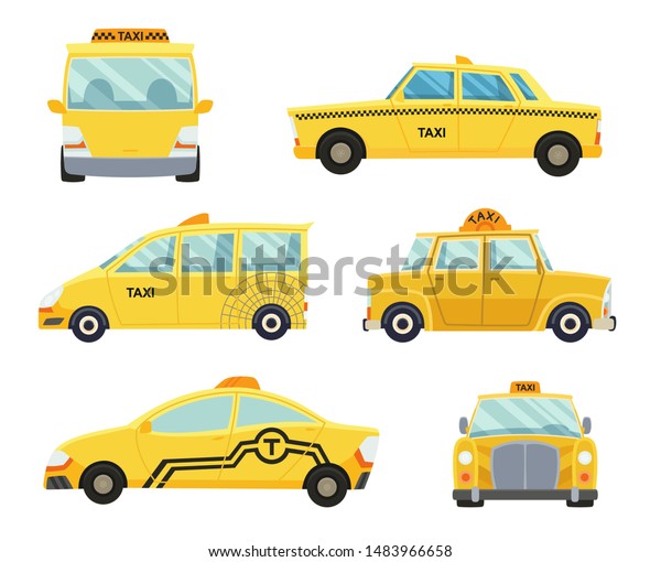 Vector set of different types of taxi cars and\
taxi signs.