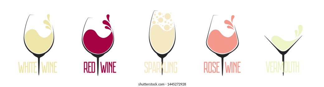 Vector set of different types of wine. Wine glass logos isolated on black background