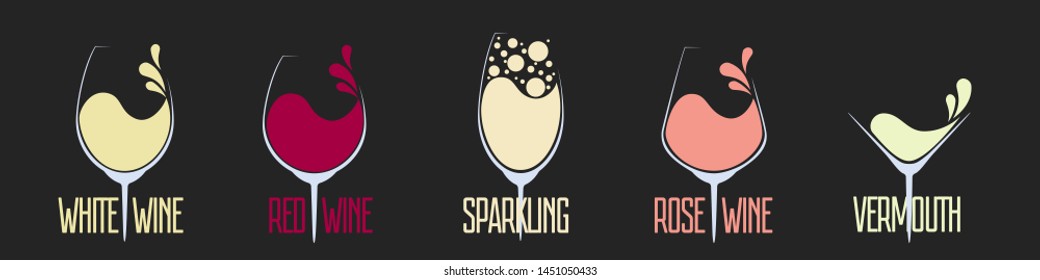 Vector set of different types of wine. Wine glass logos isolated on black background