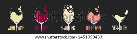 Vector set of different types of wine. Wine glass logos isolated on black background