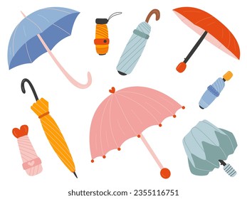 Vector set of different umbrellas in various positions. Open and folded umbrellas cartoon set