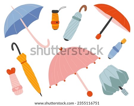 Vector set of different umbrellas in various positions. Open and folded umbrellas cartoon set