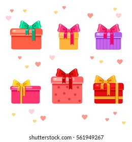 Vector set of different valentine presents with hearts around. Collection of bright cartoon gifts on a white background. Holiday boxes.