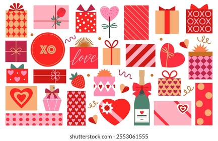 Conjunto de Vector de diferentes cajas de regalo de San Valentín aisladas sobre fondo blanco. Arte de Clip moderno de mediados de siglo de cajas presentes en colores rojo, rosa, oro y borgoña.