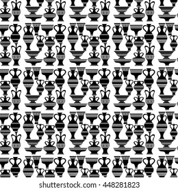 Vector Set of Different Vases Isolated on White Background. Seamless Silhouettes of Amphora Pattern.