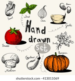 Vector set with different vegetables doodles