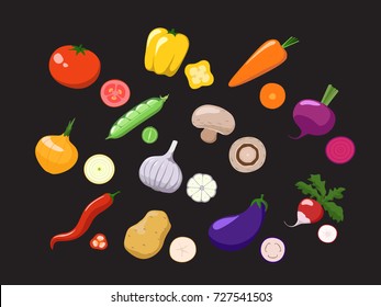 Vector set  of different vegetables with slices on  black background. Onion. Garlic. Tomato. Carrot. Potato. Mushroom. Pea. Bell pepper. Chili. Eggplant. Radish. Beet.