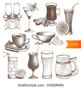 Vector set of different vintage drinks for menu design. Hand drawn dessert and drinks  illustrations isolated on white.