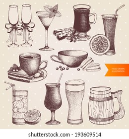 Vector set of different vintage drinks. Hand drawn dessert and drinks  illustrations