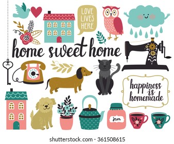 Vector set of different vintage elements: sewing machine, houses, key, frames, cloud, bird, flowers, leaves, tea cups, kettle, dogs, cat, owl, telephone, beautiful hand written text "Home sweet home"