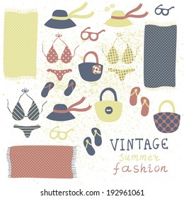 Vector set of different vintage fashion clothing and elements: swimsuits, flip flops, hats, glasses, bags and beach towels