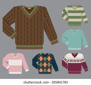 Vector set of different v-neck wool and cotton sweaters for men