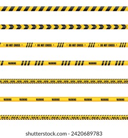 A vector set of different warning tapes. Yellow and black ribbons isolated on a white background.